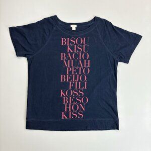 J.CREW Bisou Kiss Sweatshirt Top Large S/S Novelty Text Casual Navy Blue Pink